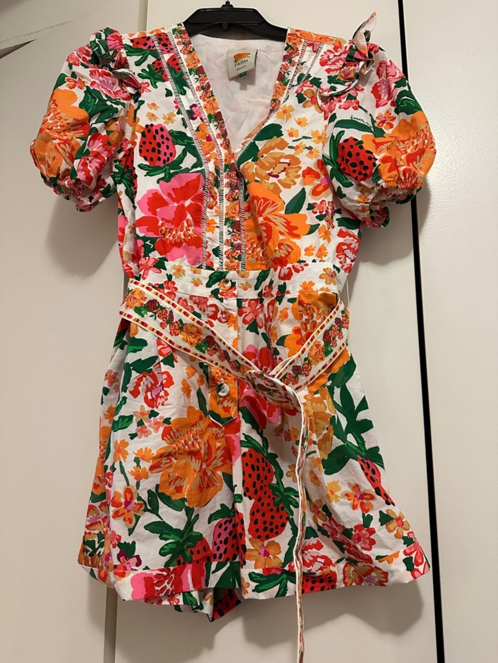Farm Rio Floral Strawberry Cotton Romper - White with Pink, Orange & Green